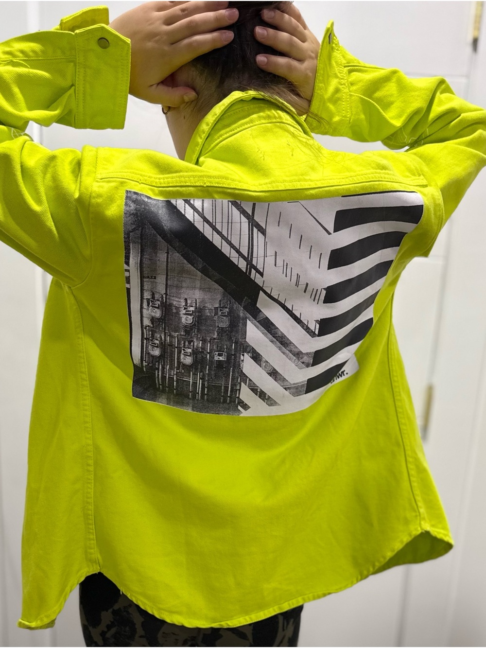 Neon Yellow Graphic-Back Button Shirt